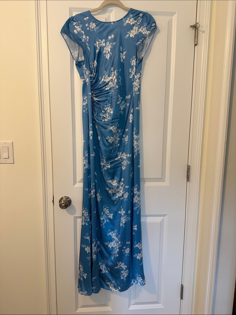 Reformation Blue Floral Ruched Maxi Dress